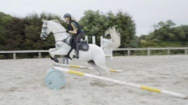 Jumping a skinny to train your horse to focus.